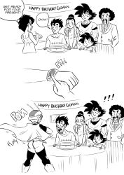 Rule 34 | :o, ?, absurdres, afro, ass, birthday cake, blush, boots, bow, bowtie, bracelet, breasts, brothers, bulging eyes, cake, cape, chi-chi (dragon ball), chinese clothes, comic, commentary, constricted pupils, dragon ball, dragonball z, dress, english commentary, english text, eye pop, facial hair, family, father and daughter, father and son, food, funsexydb, great saiyaman 2, greyscale, hair bun, happy birthday, helmet, highres, husband and wife, jewelry, large breasts, microskirt, monochrome, mother and son, mr. satan, muscular, muscular male, mustache, open mouth, short hair, siblings, single hair bun, skirt, son gohan, son goku, son goten, surprised, sweatdrop, table, tablecloth, thighhighs, thong, traditional bowtie, tuxedo, videl