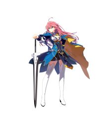 Rule 34 | 1girl, black skirt, blue cloak, blue eyes, breasts, cleavage, cloak, counter:side, esterosa de chevalier, full body, hand on hilt, highres, long hair, medium breasts, miniskirt, official art, pink hair, pleated skirt, skirt, solo, sword, thighhighs, transparent background, weapon, white thighhighs, zettai ryouiki