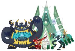 Rule 34 | arthropod girl, buzzwole, celesteela, conmimi, creatures (company), detached arm, everyone, facing viewer, floating, game freak, gen 7 pokemon, guzzlord, horns, insect wings, kartana, looking at viewer, nihilego, nintendo, no lineart, open mouth, pheromosa, pokemon, pokemon (creature), pokemon sm, simple background, size difference, smile, standing, standing on one leg, tail, ultra beast, white background, wings, xurkitree