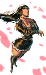 Rule 34 | 1girl, absurdres, black dress, black footwear, black hair, blunt bangs, boots, brown eyes, commentary, crossed arms, dress, english commentary, floating hair, from above, haidenisa, highres, leather dress, long hair, looking to the side, nico robin, one piece, petals, short dress, sidelocks, smile, thigh boots
