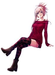 Rule 34 | 1girl, applekun, argyle, argyle clothes, argyle legwear, asymmetrical hair, black shorts, blue eyes, boots, brown footwear, casual, collarbone, dress, earrings, fate/grand order, fate (series), hair ornament, hair scrunchie, invisible chair, jewelry, long hair, long sleeves, looking at viewer, miyamoto musashi (fate), nail polish, off-shoulder sweater, off shoulder, parted lips, pink hair, pink nails, red scrunchie, red sweater, scrunchie, short shorts, shorts, shorts under dress, simple background, sitting, solo, sweater, sweater dress, thighhighs, white background, zettai ryouiki