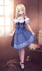 Rule 34 | 1girl, bare shoulders, blonde hair, blue dress, blue eyes, blush, breasts, chair, cleavage, clothes lift, collarbone, commentary request, crossed legs, dirndl, dress, dress lift, flower, full body, german clothes, highres, large breasts, lifted by self, light particles, looking at viewer, nagidango, off-shoulder dress, off shoulder, open mouth, original, smile, solo, sunlight, watson cross, wheat, window, wooden floor, wooden wall