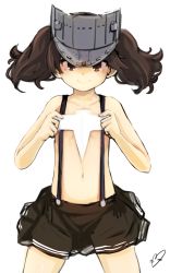 Rule 34 | 10s, 1girl, brown eyes, collarbone, covering privates, covering chest, cowboy shot, flat chest, highres, kantai collection, looking at viewer, momo (higanbana and girl), naked suspenders, navel, no bra, ryuujou (kancolle), shikigami, short hair, signature, skirt, solo, suspenders, twintails, visor cap, white background