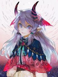 Rule 34 | 1girl, blue eyes, blue hair, borrowed character, earrings, eyelashes, flower-shaped pupils, glowing horns, gradient hair, head tilt, highres, horn ornament, horns, jewelry, lips, long hair, looking at viewer, multicolored eyes, multicolored hair, multiple earrings, nishihara isao, original, pink eyes, pointy ears, purple hair, see-through, silver hair, smile, solo, star (symbol), symbol-shaped pupils