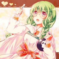 Rule 34 | 1girl, :o, akamomo, bad id, bad pixiv id, blush, bow, bracelet, braid, brooch, cape, flask, glasses, green hair, hair over shoulder, highres, jewelry, open mouth, philia felice, purple eyes, ribbon, round eyewear, solo, tales of (series), tales of destiny, test tube, twintails, wing brooch