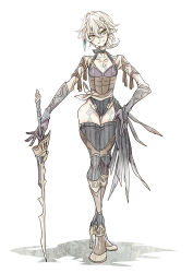 Rule 34 | 1girl, armor, armored boots, blonde hair, boots, commentary request, feather hair ornament, feathers, flat chest, full body, gauntlets, green eyes, hair ornament, hand on own hip, head tilt, heterochromia, high heels, highres, holding, holding sword, holding weapon, leotard, original, short hair, solo, standing, sword, tattoo, thighhighs, towa-darkmistic, weapon, wide hips, yellow eyes