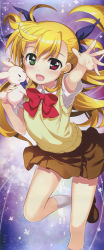 Rule 34 | 1girl, absurdres, blonde hair, blush, bow, brown footwear, brown skirt, foreshortening, green eyes, hair ribbon, heterochromia, highres, huge filesize, light particles, long hair, looking at viewer, lyrical nanoha, mahou shoujo lyrical nanoha vivid, official art, open mouth, outstretched arm, red eyes, red neckwear, ribbon, scan, school uniform, shiny skin, shirt, shoes, skirt, smile, solo, st. hilde academy of magic uniform, sweater, twintails, two side up, uniform, vivio, white shirt, yellow sweater