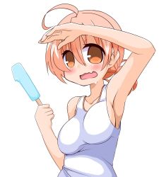 Rule 34 | 100 percent orange juice, 1girl, ahoge, arm up, armpits, bare arms, bare shoulders, blush, breasts, brown eyes, brown hair, collarbone, commentary request, fang, food, hair between eyes, holding, holding food, hono, large breasts, long hair, low ponytail, official art, open mouth, ponytail, popsicle, saki (orange juice), shading eyes, shirt, short ponytail, simple background, solo, suguri, sweat, tank top, unaligned breasts, upper body, white background, white shirt