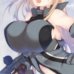 Rule 34 | 10s, 1girl, bad id, bad twitter id, bare shoulders, bismarck (kancolle), blonde hair, bouncing breasts, breasts, brown gloves, close-up, detached sleeves, gloves, huge breasts, impossible clothes, jpeg artifacts, kantai collection, long hair, lowres, no bra, open mouth, ro-ga (kurumaya), sideboob, solo, sweatdrop