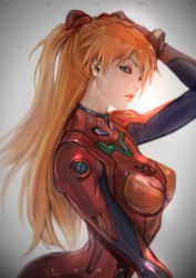Rule 34 | arm on own head, arm up, artist name, blue eyes, bodysuit, character name, cowboy shot, expressionless, from side, grey background, hair ornament, highres, lips, long hair, neon genesis evangelion, orange hair, plugsuit, simple background, skin tight, solo, souryuu asuka langley, standing, stato (statoon), very long hair