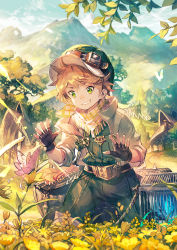 Rule 34 | 1boy, bag, black gloves, blue butterfly, brown hair, bug, butterfly, cage, character request, cloud, commentary request, day, duffel bag, fingerless gloves, flower, gloves, granblue fantasy, green eyes, grin, hat, highres, insect, male focus, mountain, outdoors, pants, scorpion5050, shirt, short hair, sky, smile, solo, standing, tree