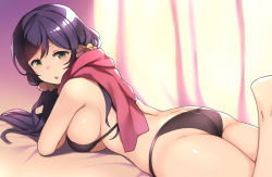 Rule 34 | 1girl, :o, ass, bikini, black bikini, breasts, duke (inu daimyou), green eyes, hair ornament, hair scrunchie, large breasts, long hair, looking at viewer, love live!, love live! school idol project, low twintails, open mouth, purple hair, red scarf, scarf, scrunchie, solo, swimsuit, tojo nozomi, twintails, yellow scrunchie