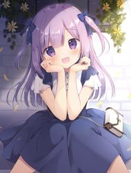 Rule 34 | 1girl, :d, bag, blue bow, blue skirt, blush, bow, breasts, brick wall, commentary request, feet out of frame, hair between eyes, hair bow, hands up, head tilt, knees together feet apart, long hair, looking at viewer, medium breasts, miyasaka naco, open mouth, original, purple eyes, purple hair, shirt, short sleeves, shoulder bag, sitting, skirt, smile, solo, suspender skirt, suspenders, two side up, very long hair, white shirt