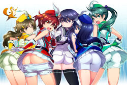 Rule 34 | &gt;:(, 5girls, akanbe, angry, ass, bike shorts, black hair, black legwear, blue eyes, blue hair, blush, brown hair, butt crack, clothes pull, commentary request, d:, d:&lt;, eyelid pull, frown, futaba aoi (vividred operation), gloves, green eyes, green hair, hair ornament, hairclip, hat, hat feather, isshiki akane, kuroki rei, lineup, long hair, looking at viewer, looking back, michairu, mooning, multiple girls, open mouth, otter, palette suit, ponytail, purple eyes, red eyes, red hair, saegusa wakaba, scrunchie, shinomiya himawari, short hair, short shorts, short twintails, shorts, shorts pull, skirt, thighhighs, tongue, tongue out, twintails, uso-kun, v-shaped eyebrows, vividred operation, yellow eyes