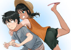 Rule 34 | 1boy, 1girl, absurdres, arms around neck, black hair, black shorts, blue background, blue eyes, closed mouth, collared shirt, constricted pupils, feet, flip-flops, frown, gradient background, hat, highres, hug, hug from behind, inu chikushou, leaning forward, low twintails, orange tank top, original, sandals, shirt, short hair, short sleeves, shorts, standing, standing on one leg, surprise hug, surprised, sweat, tan, tank top, tanline, tomboy, twintails