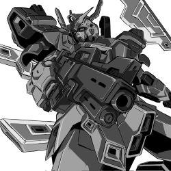 Rule 34 | beam rifle, energy gun, greyscale, gun, gundam, highres, holding, holding gun, holding weapon, kumichou (ef65-1118-ef81-95), looking to the side, mecha, mobile suit, monochrome, moon gundam, moon gundam (mobile suit), no humans, robot, science fiction, solo, thrusters, v-fin, weapon, white background
