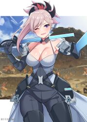 Rule 34 | 1girl, ;d, absurdres, bad arm, bare shoulders, black bodysuit, black footwear, bodysuit, boots, breasts, brown hair, cleavage, collarbone, commentary request, commission, cosplay, dual wielding, ethel (xenoblade), ethel (xenoblade) (cosplay), fate/grand order, fate (series), hair between eyes, head tilt, highres, holding, holding sword, holding weapon, large breasts, long hair, looking at viewer, miyamoto musashi (fate), namu (112namu), one eye closed, open mouth, pixiv commission, purple eyes, smile, solo, sword, thigh boots, watermark, weapon, xenoblade chronicles (series), xenoblade chronicles 3