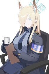 Rule 34 | 1girl, absurdres, animal ear fluff, animal ears, armband, black gloves, blonde hair, blue archive, blue armband, blue necktie, blue shirt, blue skirt, breasts, clipboard, commentary, cup, gloves, hair over one eye, highres, hikkio, holding, holding clipboard, holding cup, kanna (blue archive), large breasts, long hair, long sleeves, looking at viewer, necktie, on chair, one eye covered, shirt, simple background, sitting, skirt, solo, tie clip, white background