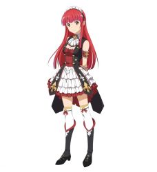Rule 34 | 10s, 1girl, arms behind back, black footwear, black ribbon, boots, breasts, brown eyes, cleavage, full body, head tilt, headdress, high heel boots, high heels, hime cut, layered skirt, long hair, looking at viewer, medium breasts, official art, pointy ears, rain (sao), red hair, ribbon, simple background, skirt, sleeveless, smile, solo, standing, sword art online, thighhighs, very long hair, white background, white skirt, white thighhighs, zettai ryouiki