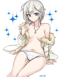 Rule 34 | 10s, 1girl, anastasia (idolmaster), ashita (2010), bad id, bad twitter id, blue eyes, breasts, cross, cross necklace, highres, idolmaster, idolmaster cinderella girls, jewelry, necklace, no bra, open clothes, panties, parka, short hair, silver hair, small breasts, smile, solo, sparkle, underwear, white panties