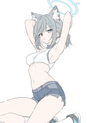 Rule 34 | 1girl, alternate costume, animal ear fluff, animal ears, armpits, arms behind head, arms up, bare shoulders, blue archive, blue eyes, blue halo, blue shorts, blush, breasts, commentary, crop top, cropped legs, cross, cross hair ornament, denim, denim shorts, extra ears, grey hair, hair ornament, halo, highres, inverted cross, looking at viewer, masabodo, medium breasts, midriff, mismatched pupils, navel, on one knee, open mouth, shiroko (blue archive), short hair, short ponytail, shorts, simple background, solo, thighs, white background, wolf ears, wolf girl