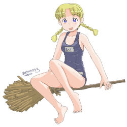 Rule 34 | 00s, 1girl, 2008, aliasing, artist name, awatake takahiro, barefoot, blonde hair, blue eyes, blush, braid, broom, broom riding, dated, feet, female focus, full body, one-piece swimsuit, school swimsuit, simple background, solo, swimsuit, toes, twin braids, white background, witch