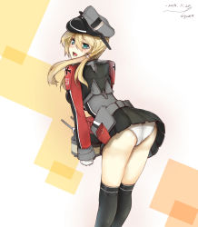 Rule 34 | 10s, 1girl, 2014, anchor hair ornament, aqua eyes, ass, bad id, bad pixiv id, black thighhighs, blonde hair, blush, breasts, cowboy shot, cross, dated, ekuesu, from behind, gloves, hair ornament, hat, highres, holding, iron cross, kantai collection, kneepits, leaning forward, long sleeves, looking at viewer, looking back, low twintails, microskirt, military, military uniform, open mouth, panties, peaked cap, pleated skirt, prinz eugen (kancolle), signature, skirt, solo, standing, thighhighs, twintails, underwear, uniform, white gloves, white panties