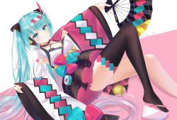 Rule 34 | 1girl, absurdres, aqua eyes, aqua hair, asymmetrical sleeves, black skirt, black thighhighs, blunt bangs, commentary, frilled skirt, frills, hair ornament, hairclip, hand fan, hand up, hatsune miku, headphones, highres, holding, holding fan, japanese clothes, kimono, knees up, layered skirt, long hair, looking at viewer, magical mirai (vocaloid), magical mirai miku, magical mirai miku (2020 summer), mismatched sleeves, noneon319, outstretched arm, pink sleeves, sandals, single thighhigh, skirt, smile, solo, thighhighs, twintails, very long hair, vocaloid, white kimono, white sleeves, wide sleeves, yukata, zouri
