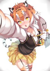 Rule 34 | 1girl, absurdres, animal ears, animal print, antenna hair, arm up, black hair, blush, breasts, buttons, cat girl, cleavage, eyelashes, fang, foreshortening, garter straps, gloves, hand up, highres, japari symbol, kemono friends, large breasts, leaning forward, long hair, long sleeves, looking at viewer, low-tied long hair, miniskirt, multicolored hair, necktie, nose blush, open mouth, orange hair, outstretched arm, pikunoma, plaid, pleated skirt, print gloves, print thighhighs, selfie, shirt, siberian tiger (kemono friends), skirt, solo, streaked hair, sweater vest, tail, thighhighs, tiger ears, tiger girl, tiger print, tiger tail, undone necktie, white hair, yellow eyes, yellow skirt