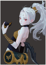 Rule 34 | 1girl, akali, breasts, cleavage, facial mark, fkey, forehead mark, from side, high ponytail, highres, holding, holding mask, holding weapon, league of legends, long hair, looking at viewer, looking to the side, mask, unworn mask, ponytail, red eyes, simple background, solo, stinger akali, weapon, white hair