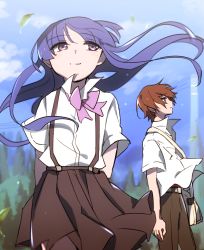 Rule 34 | 1boy, 1girl, age difference, arms behind back, bad id, bad pixiv id, bag, belt, black pants, black skirt, blue sky, blurry, blurry background, bow, bowtie, brown hair, commentary, cowboy shot, frown, furude rika, higurashi no naku koro ni, hiiragi fuyuki, leaf, light smile, long hair, looking to the side, looking up, maebara keiichi, messenger bag, mountainous horizon, open clothes, open shirt, outdoors, pants, pink neckwear, pleated skirt, purple eyes, purple hair, red shirt, shirt, short hair, short sleeves, shoulder bag, skirt, sky, suspender skirt, suspenders, teenage boy and younger girl, tree, undershirt, utility pole, white shirt