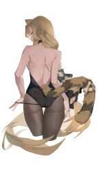 Rule 34 | 1girl, 2242592427, absurdres, animal ears, arknights, back, black leotard, blue eyes, blush, brown pantyhose, cropped legs, from behind, highres, leotard, long hair, looking back, panties, pantyhose, simple background, solo, strap pull, swire (arknights), tail, tiger ears, tiger tail, underwear, very long hair, white background