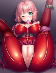 Rule 34 | 1girl, ankle belt, anus, ass, bang dream!, blunt bangs, blush, breasts, breasts apart, brown hair, cleft of venus, condom, condom in mouth, condom wrapper, crotch zipper, elbow gloves, fat mons, gloves, green eyes, heart, lambda (kusowarota), large breasts, legs up, looking at viewer, low twintails, medium hair, mouth hold, pink gloves, pussy, solo, spread legs, twintails, uehara himari, uncensored, unzipped, zipper