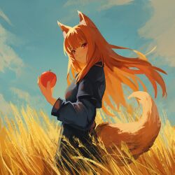 Rule 34 | 1girl, absurdres, animal ear fluff, animal ears, apple, blue shirt, blue skirt, blush, brown hair, closed mouth, cloud, cowboy shot, day, floating hair, food, from side, fruit, hand up, highres, holding, holding food, holding fruit, holo, long hair, long sleeves, outdoors, red eyes, shirt, skirt, smile, solo, spice and wolf, split mouth, standing, tail, wheat field, wolf ears, wolf girl, wolf tail, yan kodiac