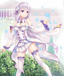 Rule 34 | 10s, 1girl, absurdres, breasts, cleavage, emilia (re:zero), flower, frilled sleeves, frills, hair flower, hair ornament, highres, long hair, looking to the side, negi3, outdoors, outstretched hand, purple eyes, re:zero kara hajimeru isekai seikatsu, skirt, smile, solo, standing, thighhighs, white hair, white skirt, white thighhighs, wide sleeves