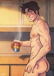 Rule 34 | 1boy, arm hair, artist name, ass, ass hair, back, black hair, blush, chest hair, completely nude, cris art, cup, holding, holding cup, leg hair, looking back, male focus, marvel, nipples, nude, patreon username, pectorals, short hair, sideburns, smile, solo, teeth, thick thighs, thighs, toned, toned male, wiccan