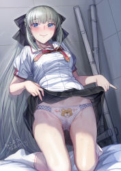Rule 34 | 1girl, artist name, black bow, blue eyes, blush, bow, braid, breasts, clothes lift, collarbone, crotch seam, fate/grand order, fate (series), french braid, from below, grey hair, hair bow, highres, japanese text, kneehighs, lifted by self, long hair, looking at viewer, looking down, medium breasts, morgan le fay (fate), nekomata naomi, ponytail, puffy short sleeves, puffy sleeves, short sleeves, side braid, sidelocks, signature, skirt, skirt lift, smile, socks, solo, sweat, thighs, tiger panties, very long hair, wavy mouth, white socks