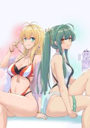 Rule 34 | ..., 3girls, :d, ahoge, antenna hair, aqua eyes, bare shoulders, bracelet, breasts, casual one-piece swimsuit, center opening, cleavage, closed mouth, collarbone, crossed legs, unworn eyewear, gradient background, green hair, green hairband, hair ribbon, hairband, highres, holding, holding removed eyewear, jewelry, knee up, looking at viewer, medium breasts, multicolored background, multiple girls, navel, necklace, one-piece swimsuit, open mouth, orange eyes, orange one-piece swimsuit, ponytail, ribbon, see-through, shawl, sitting, smile, sparkle, speech bubble, spoken ellipsis, stomach, swimsuit, thigh strap, thighs, touhoku zunko, tsurumaki maki, vocaloid, voiceroid, white one-piece swimsuit, yellow-framed eyewear, yellow ribbon, yuzuki yukari, zooanime