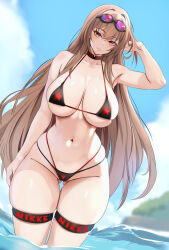 Rule 34 | 1girl, bare shoulders, bikini, black bikini, breasts, cleavage, collarbone, day, gluteal fold, goddess of victory: nikke, goggles, goggles on head, highres, idrawbaes, large breasts, long hair, midriff, navel, ocean, outdoors, rapi (nikke), red eyes, skindentation, solo, standing, swimsuit, thigh gap, thigh strap, thighs, wading, water