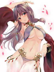 Rule 34 | 1girl, absurdres, bangle, bare shoulders, bracelet, breasts, brown hair, commentary request, cowboy shot, detached sleeves, gypsy (ragnarok online), harem outfit, highres, jewelry, large breasts, long hair, long sleeves, looking at viewer, midriff, navel, neck ring, parted lips, purple eyes, ragnarok online, sail (sail-away), simple background, solo, standing, stomach, white background