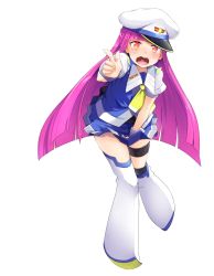 Rule 34 | &gt;:o, 1girl, absurdres, blush, character request, commentary request, copyright request, fangs, full body, hat, highres, long hair, looking at viewer, momo (higanbana and girl), necktie, orange eyes, pleated skirt, pointing, pointing at viewer, purple hair, simple background, skirt, standing, standing on one leg, thigh strap, v-shaped eyebrows, white background, wrist cuffs