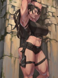 Rule 34 | 1girl, abs, armpits, arms up, biceps, breasts, brown hair, day, feet out of frame, from side, green eyes, holster, huge breasts, lara croft, lips, long hair, midriff, muscular, muscular female, outdoors, paid reward available, parted lips, short shorts, shorts, solo, standing, stomach, tank top, thick thighs, thigh holster, thigh strap, thighs, tomb raider, xxoom