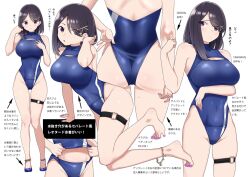 Rule 34 | 1girl, :o, adjusting clothes, adjusting swimsuit, anklet, arm support, arm under breasts, ass, bare arms, barefoot, black eyes, black hair, blue footwear, blue one-piece swimsuit, blush, breasts, brushing hair, character sheet, cleavage cutout, clothing cutout, commentary request, full body, hair ornament, hairclip, high heels, highleg, highleg swimsuit, jewelry, kuro (toi et moi), large breasts, looking at viewer, medium hair, nail polish, navel, one-piece swimsuit, open mouth, original, simple background, skindentation, smile, swimsuit, thigh strap, toenail polish, toenails, toes, white background