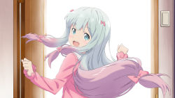 Rule 34 | 10s, 1girl, :d, blue eyes, blush, bow, eromanga sensei, floating hair, fury (leo), hair bow, highres, indoors, izumi sagiri, long hair, looking at viewer, looking back, low-tied long hair, multicolored hair, official style, open door, open mouth, pink bow, pink hair, pink shirt, shirt, silver hair, smile, solo, two-tone hair, upper body