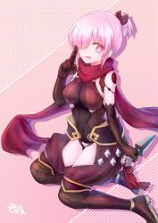 Rule 34 | 1girl, alternate costume, alternate hairstyle, bare shoulders, black bodysuit, black gloves, bodysuit, breasts, clothing cutout, commentary request, cosplay, covered navel, elbow gloves, fate/grand order, fate (series), full body, gloves, hair over one eye, holding, holding weapon, katou danzou (fate), katou danzou (fate) (cosplay), kunai, kunoichi, leotard, mash kyrielight, medium breasts, modzu (3705018), ninja, one eye covered, open mouth, pink eyes, pink hair, ponytail, red scarf, scarf, seiza, short hair, signature, sitting, skin tight, smile, solo, thigh cutout, weapon