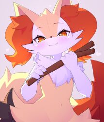 Rule 34 | 1girl, animal ear fluff, animal ears, animal hands, animal nose, backlighting, black fur, blush, braixen, bright pupils, claws, closed mouth, creatures (company), dev voxy, fangs, female focus, flat chest, fox ears, fox girl, fox tail, furry, furry female, game freak, gen 6 pokemon, grey background, half-closed eyes, hands up, happy, heart, highres, holding, holding stick, looking at viewer, multicolored fur, navel, neck fur, nintendo, pokemon, pokemon (creature), red eyes, simple background, smile, solo, standing, stick, stomach, tail, upper body, white fur, white pupils, yellow fur