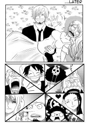 Rule 34 | 3girls, 6+boys, absurdres, afro, black hair, black jacket, black necktie, brook (one piece), carrying, carrying person, charlotte pudding, closed eyes, closed mouth, comic, crying, dress, earrings, english text, facial hair, facial scar, franky (one piece), goatee, hair over one eye, hand on own cheek, hand on own face, hat, heart, heart in eye, highres, jacket, jewelry, long hair, monkey d. luffy, monochrome, multiple boys, multiple girls, nami (one piece), necktie, nico robin, one piece, open mouth, rinuchiha11, roronoa zoro, sanji (one piece), scar, scar on cheek, scar on face, short hair, single earring, skeleton, smile, straw hat, symbol in eye, teeth, tony tony chopper, usopp, veil, wedding dress