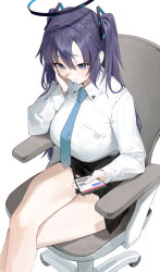 Rule 34 | 1girl, black skirt, blue archive, blue necktie, blush, breasts, cellphone, closed mouth, collared shirt, feet out of frame, gdd (vkejr702), hair between eyes, halo, highres, holding, holding phone, large breasts, long hair, mechanical halo, necktie, phone, purple eyes, purple hair, shirt, simple background, sitting, skirt, smartphone, solo, swivel chair, two side up, white background, white shirt, yuuka (blue archive)