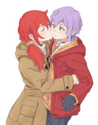Rule 34 | 2girls, absurdres, alternate costume, blush, chariot du nord, couple, croix meridies, green eyes, highres, jacket, kiss, kissing cheek, little witch academia, long hair, looking at another, medium hair, multiple girls, oishii tuna, ponytail, purple hair, red hair, simple background, very long hair, white background, yuri