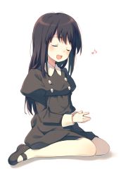 Rule 34 | 10s, 1girl, :d, aldnoah.zero, black dress, black hair, dress, closed eyes, juliet sleeves, kaizuka yuki, long hair, long sleeves, mary janes, musical note, no socks, open mouth, own hands together, puffy sleeves, shoes, smile, solo, yamucha, aged down